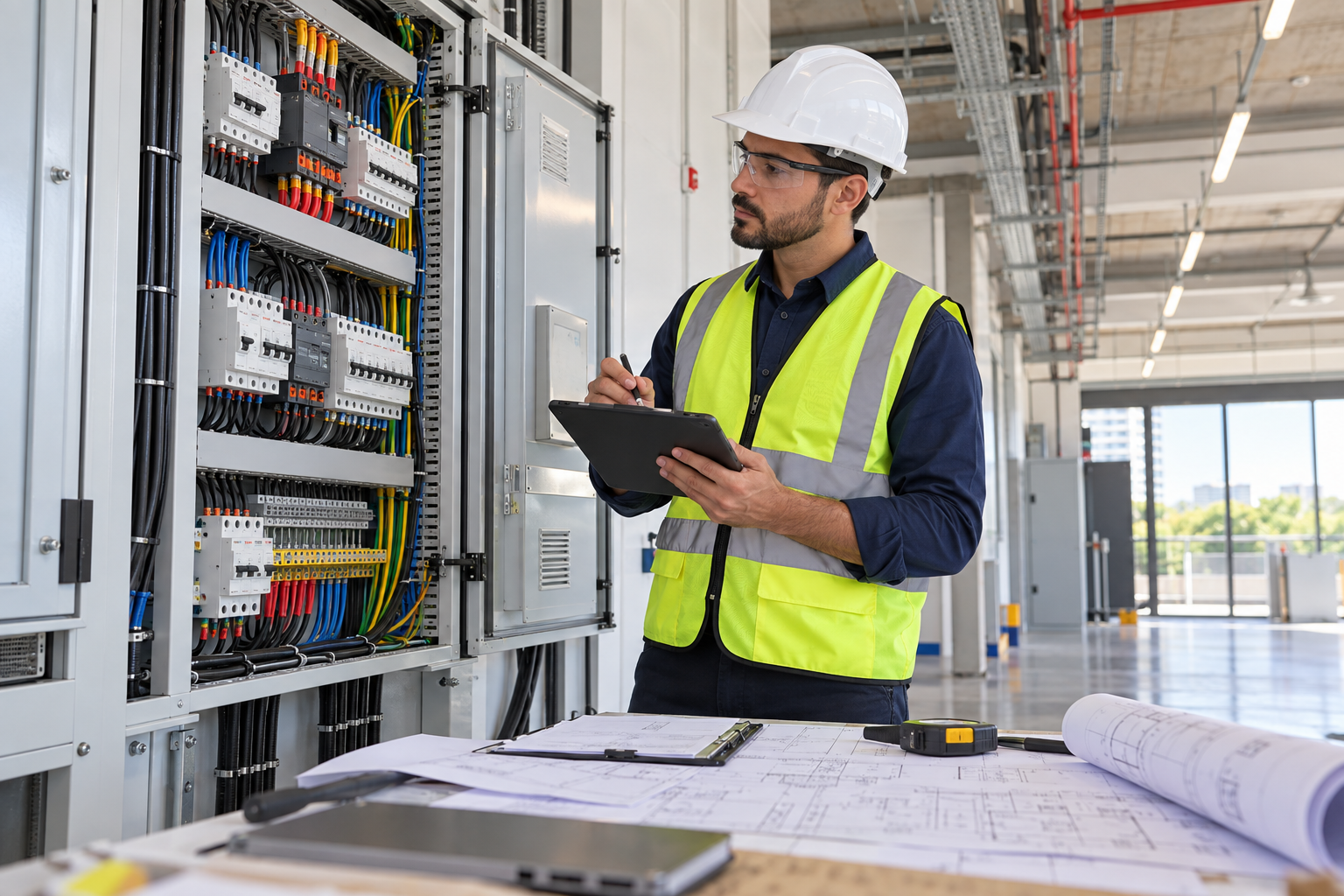 Engenheiro realiza inspeção elétrica e prepara relatório técnico